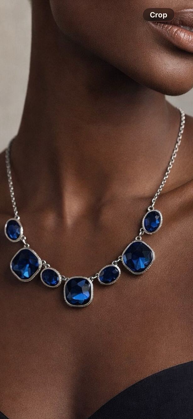 Crown Trifari Blue Rhinestone Statement Necklace Silver Tone 18”